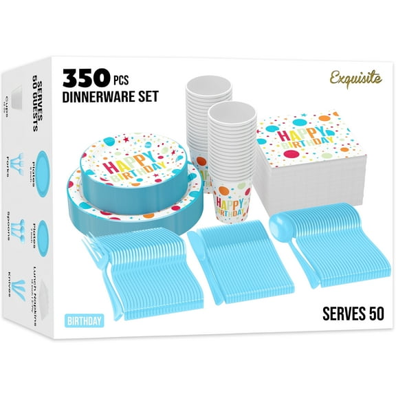 Exquisite 350 Piece Blue Birthday Print Paper Party Plates & Tableware Set