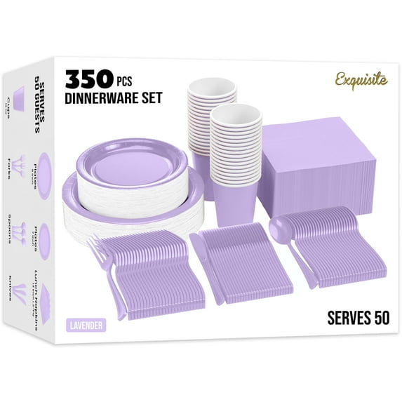 Exquisite 350 Piece Lavender Paper Party Plates & Tableware Dinnerware Set