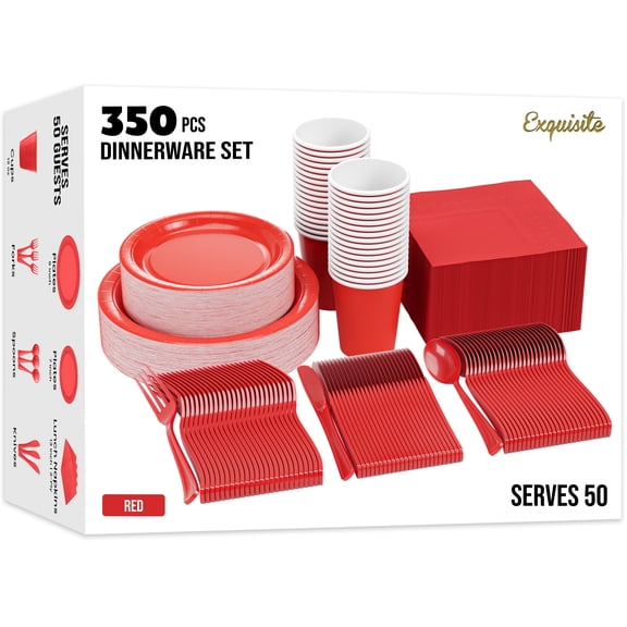 Exquisite 350 Piece Red Paper Party Plates & Tableware Dinnerware Set