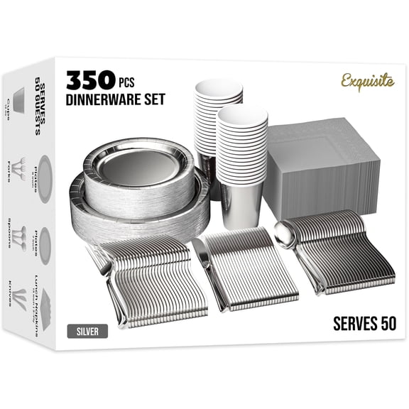 Exquisite 350 Piece Silver Paper Party Plates & Tableware Dinnerware Set