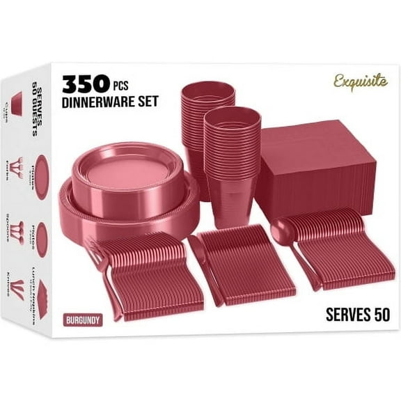 Exquisite 350 Piece Burgundy Plastic Disposable Party Plates & Tableware Combo Set