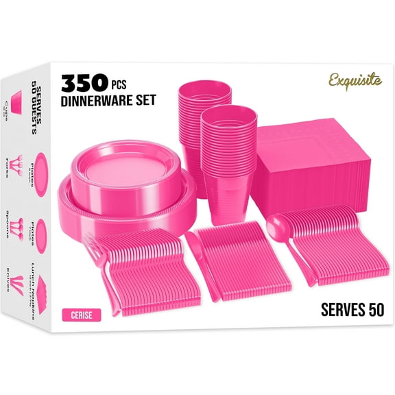 Exquisite 350 Piece Cerise Plastic Disposable Party Plates & Tableware Combo Set