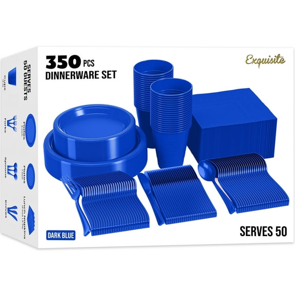 Exquisite 350 Piece Dark Blue Plastic Disposable Party Plates & Tableware Combo Set
