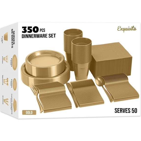 Exquisite 350 Piece Gold Plastic Disposable Party Plates & Tableware Combo Set