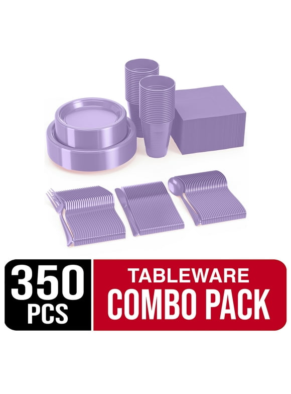 Exquisite 350 Piece Lavender Party Plates, Disposable Plastic White Party Supplies - Tableware Combo Set