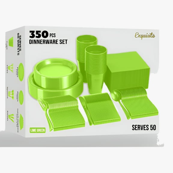 Exquisite 350-Piece Lime Green Plastic Disposable Party Tableware Combo Set