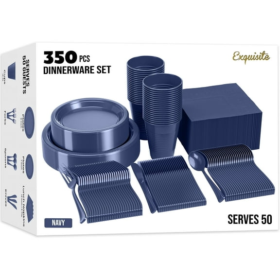 Exquisite 350 Piece Navy Plastic Disposable Party Plates & Tableware Combo Set