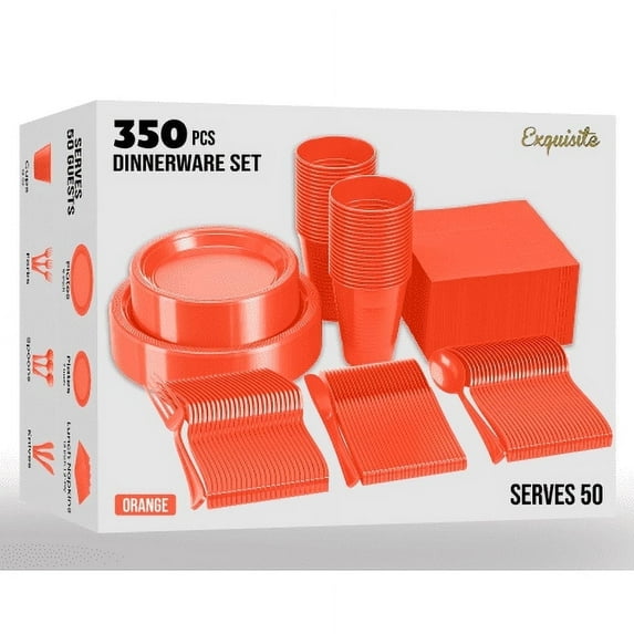 Exquisite 350 Piece Orange Plastic Disposable Party Plates & Tableware Combo Set