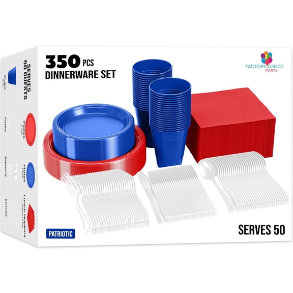 Exquisite 350 Piece Patriotic Red, White, and Blue Plastic Disposable Party Plates & Cutlery Set