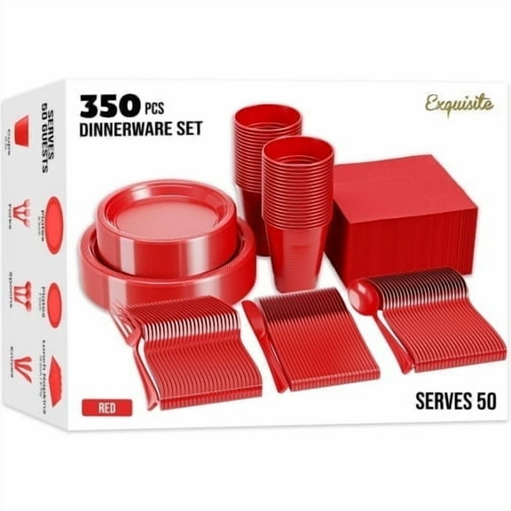 Exquisite 350 Piece Red Plastic Disposable Party Plates & Tableware Combo Set