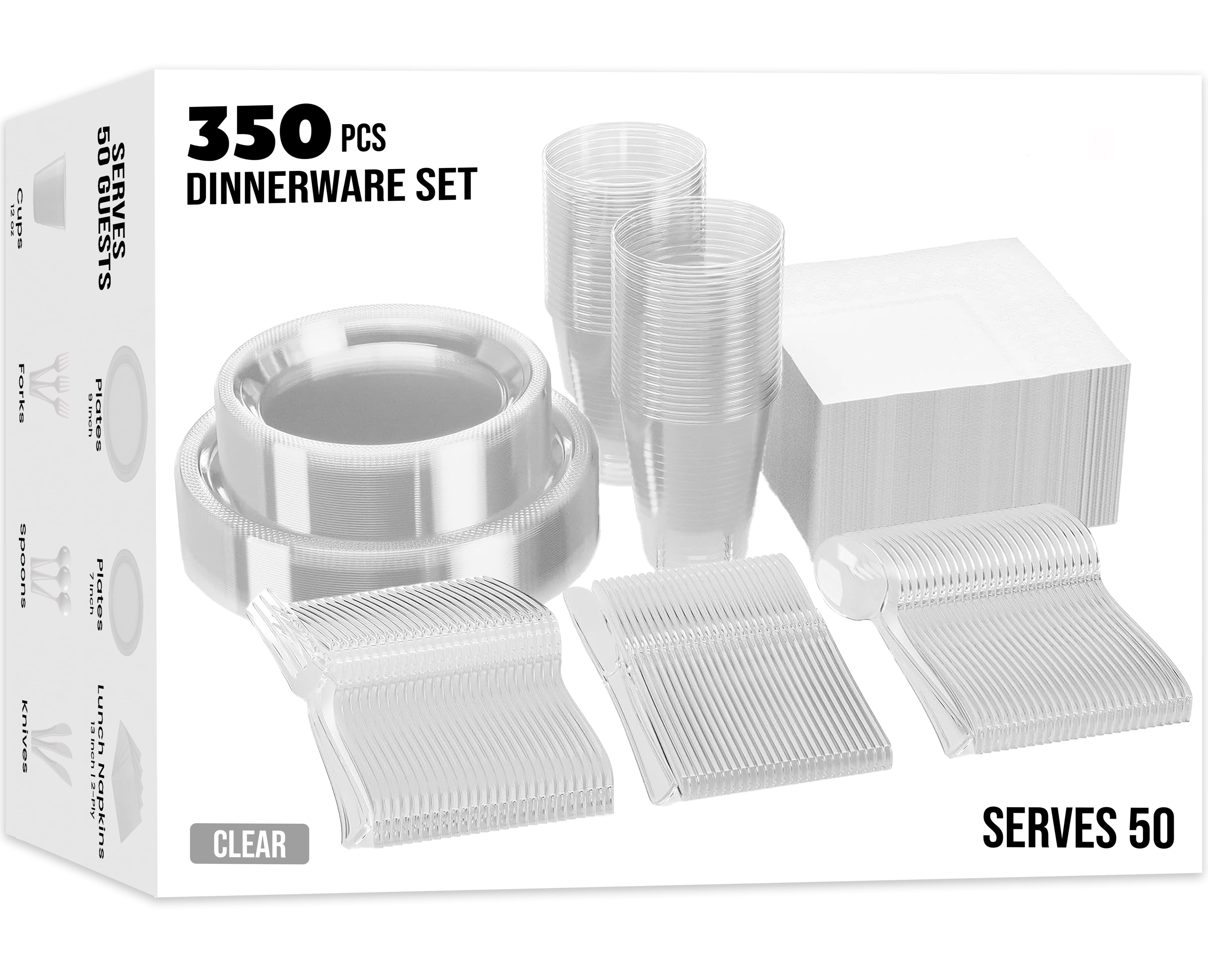 Premium 350 Pc Solid Color Disposable Plastic Tableware Set Clear