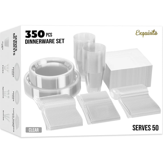 Exquisite 350 Piece Clear Plastic Disposable Party Plates & Tableware Combo Set