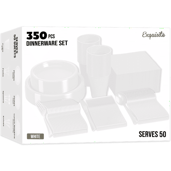 Exquisite 350 Piece White Plastic Disposable Party Plates & Tableware Combo Set