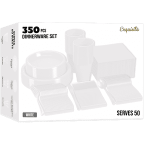 Exquisite 350 Piece White Plastic Disposable Party Plates & Tableware Combo Set