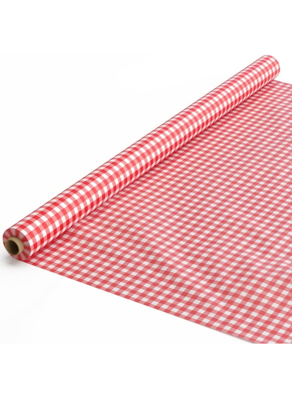 Exquisite 40 in X 100 ft Plastic Red Gingham Tablecloth Roll - Disposable Red Checkered Table Cover Roll