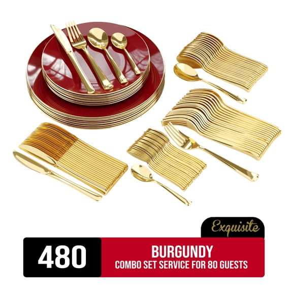 Exquisite 480 Piece Burgundy Plastic Combo Set | Serves 80 Guests