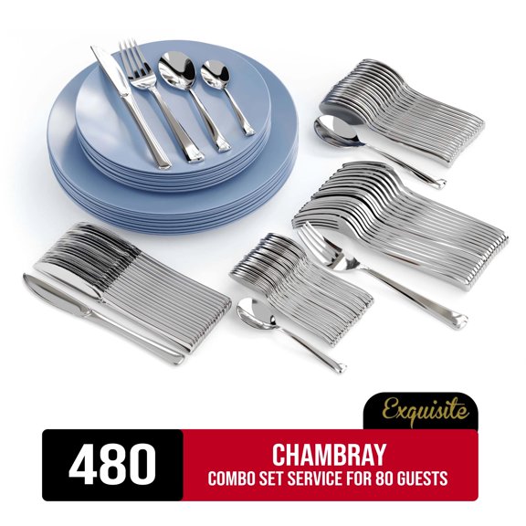 Exquisite 480 Piece Chambray Plastic Combo Set | Serves 80 Guests