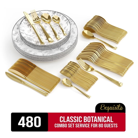 Exquisite 480 Piece Classic Botanical Plastic Combo Set | Serves 80 Guests