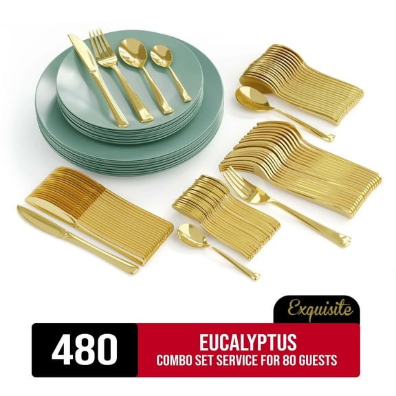 Exquisite 480 Piece Eucalyptus Plastic Combo Set | Serves 80 Guests