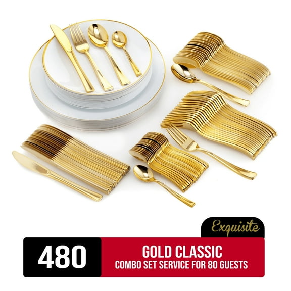 Exquisite 480 Piece Gold Classic Plastic Combo Set | Serves 80 Guests