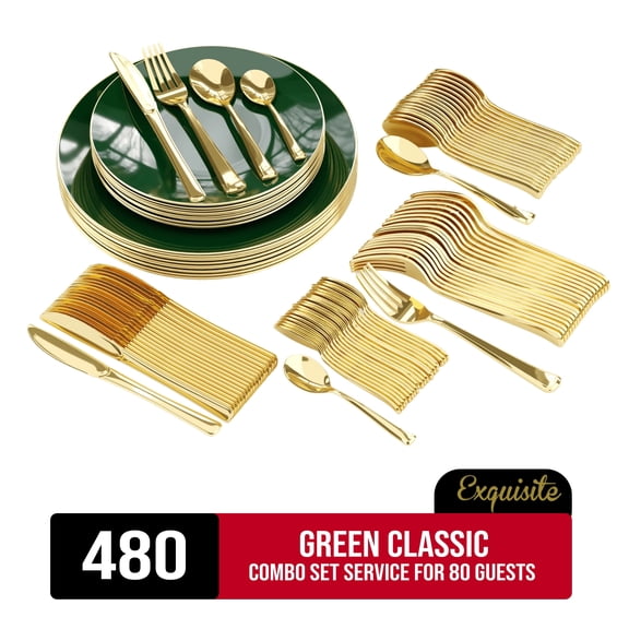 Exquisite 480 Piece Green Classic Plastic Combo Set | Serves 80 Guests