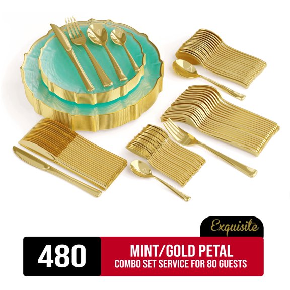 Exquisite 480 Piece Mint/Gold Petal Plastic Combo Set | Serves 80 Guests