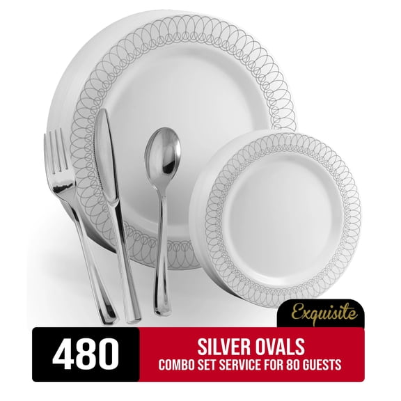 Exquisite 480 Piece Silver Ovals Plastic Plastic Combo Set | Serves 80 Guests
