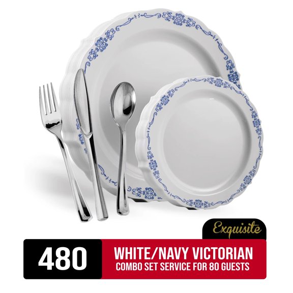 Exquisite 480 Piece White/Navy Victorian Plastic Plastic Combo Set | Serves 80 Guests