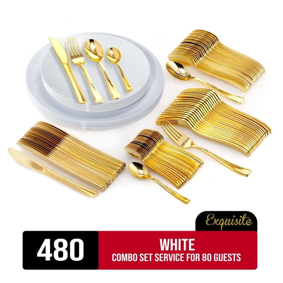 Exquisite 480 Piece White Plastic Combo Set | Serves 80 Guests
