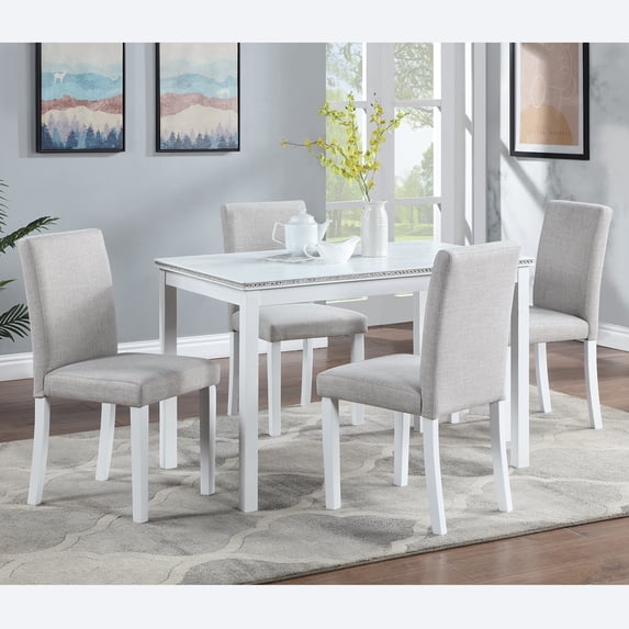 White 5-Piece Wood Dining Table Set - Rectangular Kitchen Table w/ 4 Upholstered Chairs, Crystal Trim, for Dining Room. Solid Wood, Seats 4.