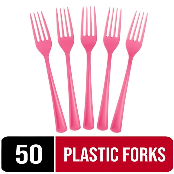 Exquisite 50 Count Pink Plastic Heavy-Duty Disposable Forks, School Outings