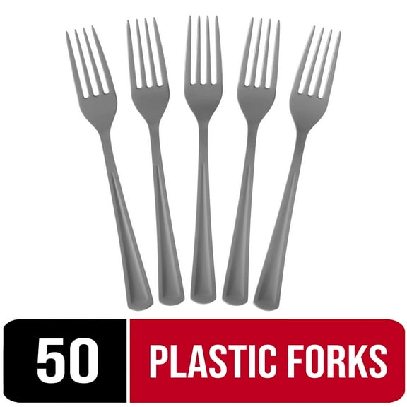 Exquisite 50-Count Silver & Gray Plastic Heavy-Duty Disposable Forks (1 Pack)