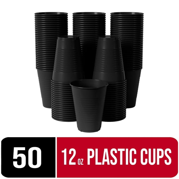 Exquisite 50 Ct 12 Fl Oz Black Disposable Plastic Cups, Heavy Duty Party Cups, 1 Pack