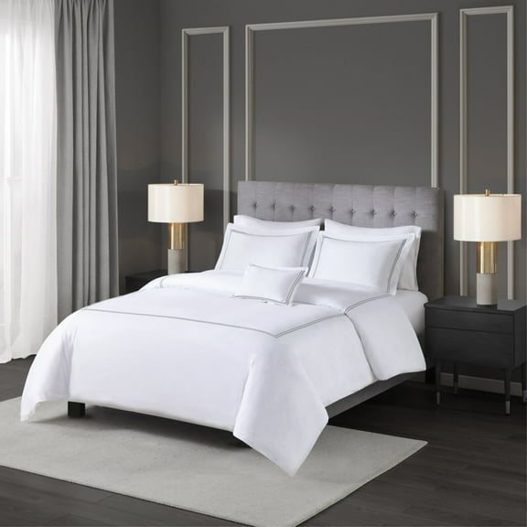 Exquisite 500 Thread Count Hotel-Like Duvet Cover Set | Premium Cotton | Double-Row Striped Embroidered Border | Corner Ties & Zipper Closure | OEKO-TEX Certified | Opulent Comfort & Style