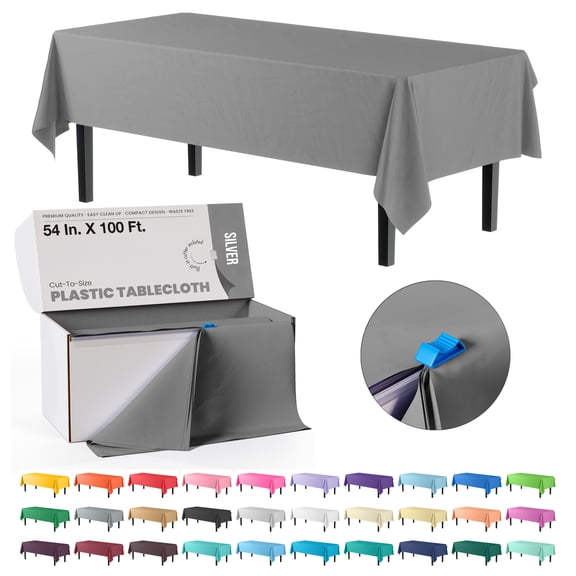 Exquisite 54 Inch. X 100 Ft. Plastic Tablecloth Roll With Built In Slide Cutter - Silver