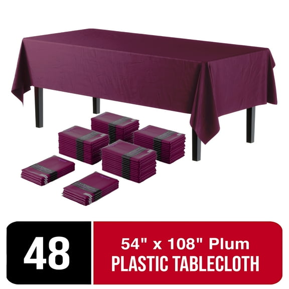 Exquisite 54" Inch X 108" Plum Disposable Tablecloths - Plastic Rectangle Table Cover - Bulk 48 Pack
