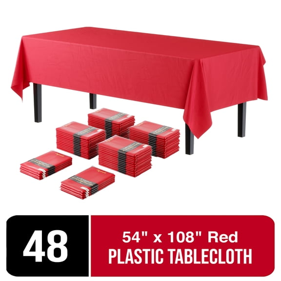 Exquisite 54" Inch X 108" Red Disposable Tablecloths - Plastic Rectangle Tablecover - Bulk 48 Count