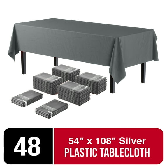 Exquisite 54" Inch X 108" Silver Disposable Tablecloths - Silver Rectangle Table Covers - Bulk 48 Pack