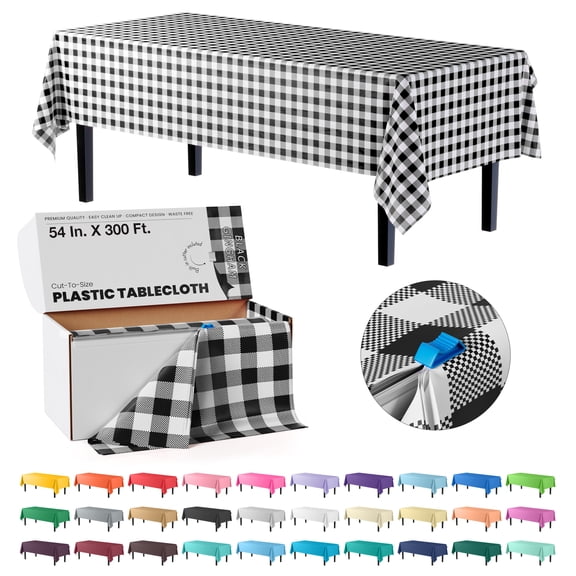 Exquisite 54 Inch X 300 Feet Black Gingham Plastic Table Cover Roll in A Cut - to - Size Box