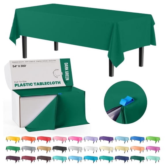 Exquisite 54 Inch X 300 Feet Dark Green Plastic Table Cover Roll in A Cut - to - Size Box