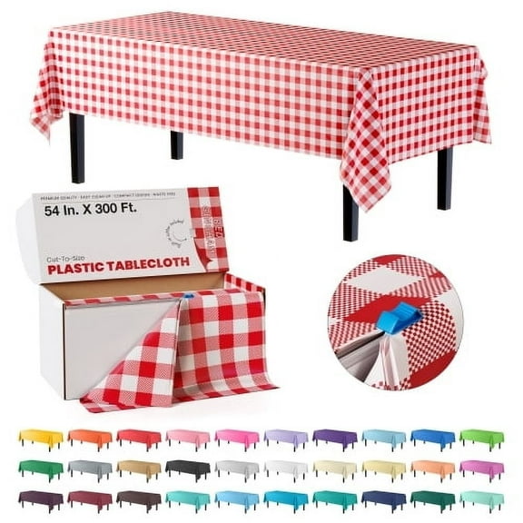 Exquisite 54 Inch X 300 Feet Red Gingham Plastic Table Cover Roll in A Cut - to - Size Box