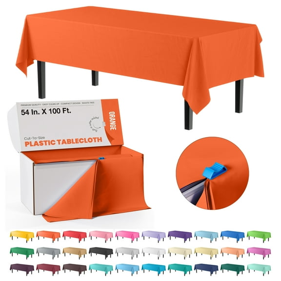 Exquisite 54 Inch. x 100 Ft. Plastic Tablecloth Roll With Built In Slide Cutter - Orange
