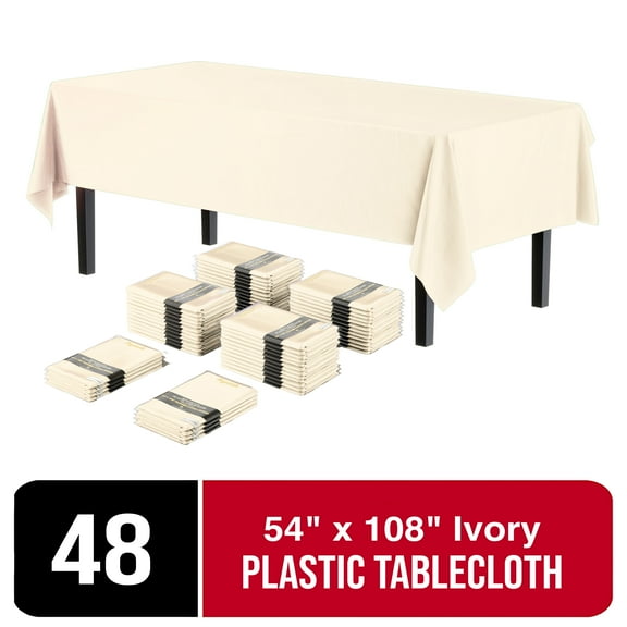 Exquisite 54" X 108" Ivory Disposable Tablecloths - Rectangle Plastic Table Covers - Bulk 48 Count
