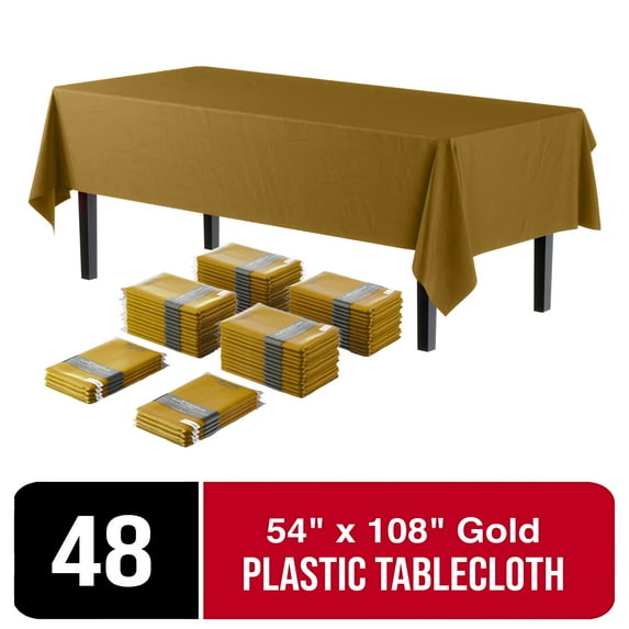 Exquisite 54" x 108" Gold Disposable Tablecloths - Rectangle Plastic Tablecovers - 48 Pack