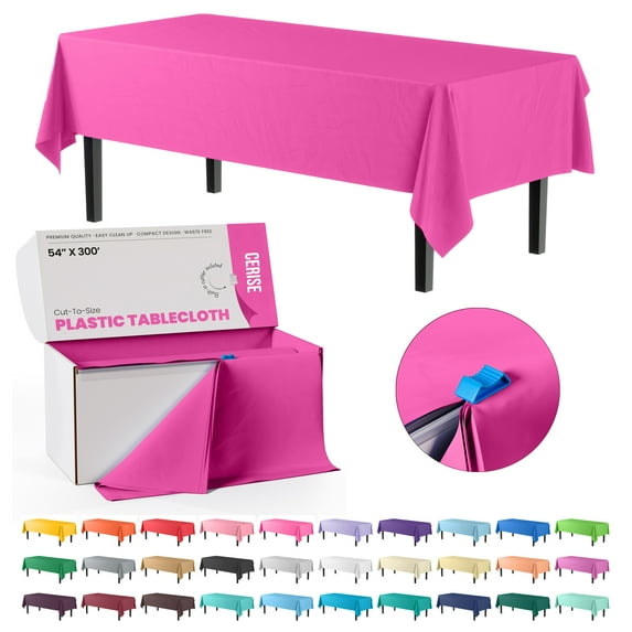 Exquisite 54" x 300' Hot Pink Plastic Tablecloth Roll Disposable Table cover with Built in Slide Cutter