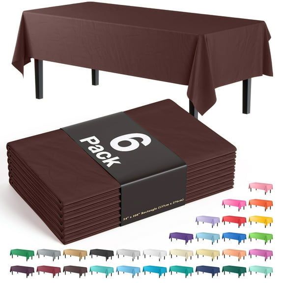 Exquisite 6 Pack Premium Rectangular Plastic Tablecloth Cover 54" x 108" - Brown