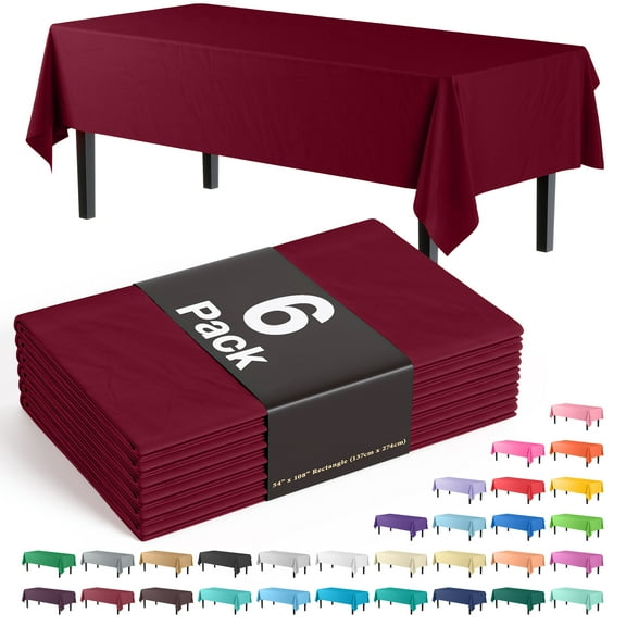 Exquisite 6 Pack Premium Rectangular Plastic Tablecloth Cover 54" x 108" - Burgundy