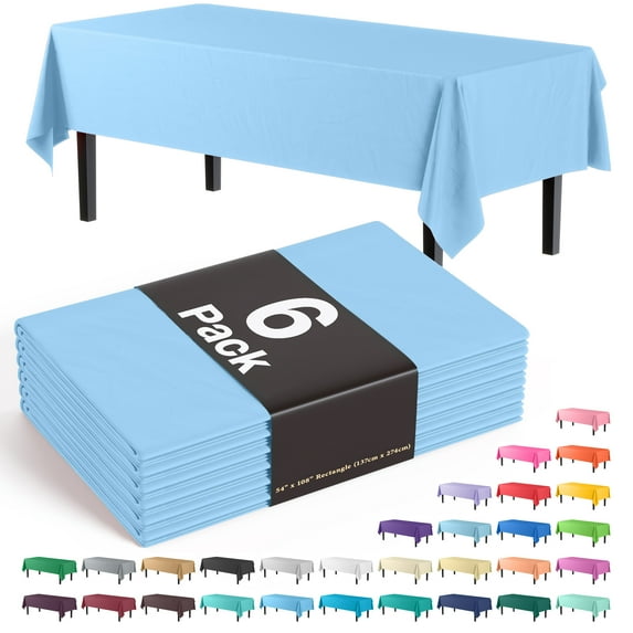 Exquisite 6 Pack Premium Rectangular Plastic Tablecloth Cover 54" x 108" - Light Blue