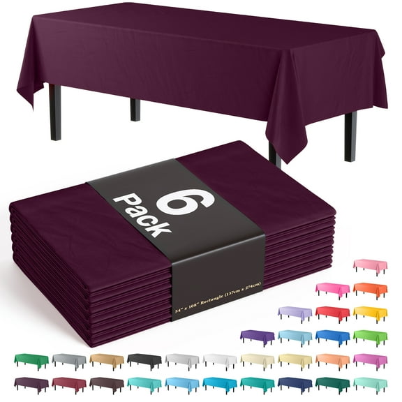 Exquisite 6 Pack Premium Rectangular Plastic Tablecloth Cover 54" x 108" - Plum