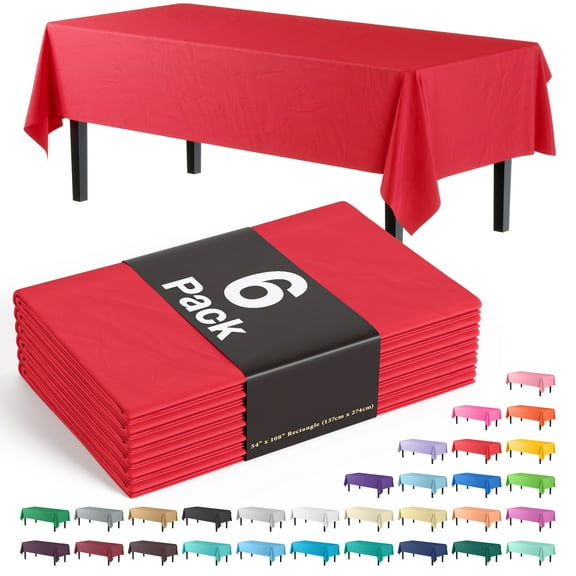 Exquisite 6 Pack Premium Rectangular Plastic Tablecloth Cover 54" x 108" - Red